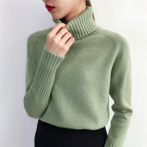 Knitted Turtleneck Long Sleeve Pullover Female Jumper Green Knitwear