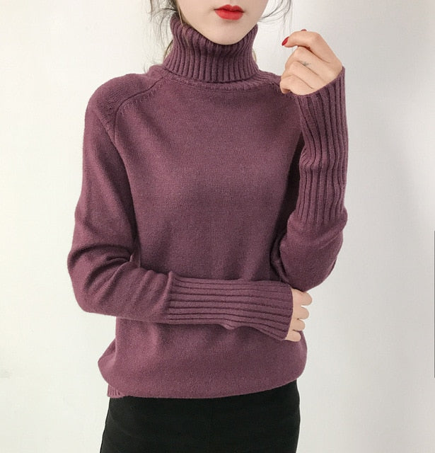 Knitted Turtleneck Long Sleeve Pullover Female Jumper Green Knitwear