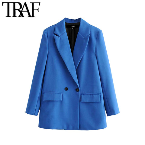 Women Chic Office Lady Double Breasted Blazer Vintage Coat Fashion Notched Collar