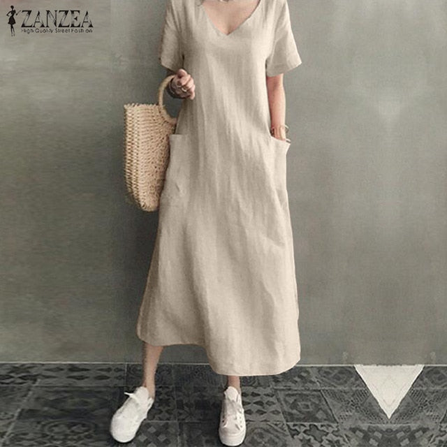 Long Maxi Dress Casual Cotton Linen  Ladies Big Pockets