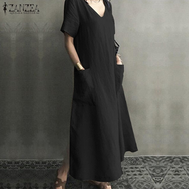 Long Maxi Dress Casual Cotton Linen  Ladies Big Pockets