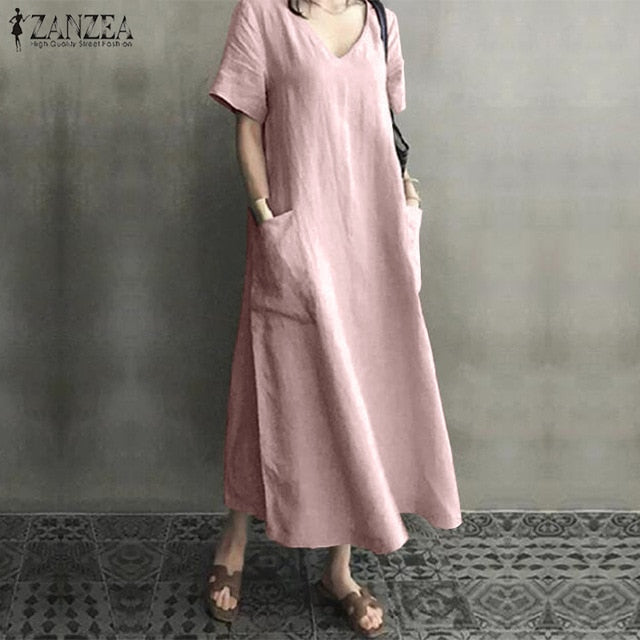 Long Maxi Dress Casual Cotton Linen  Ladies Big Pockets