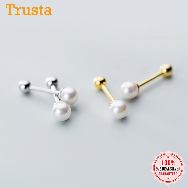 Sterling Silver Charm Min Pearl Beads Screw Stud Earrings