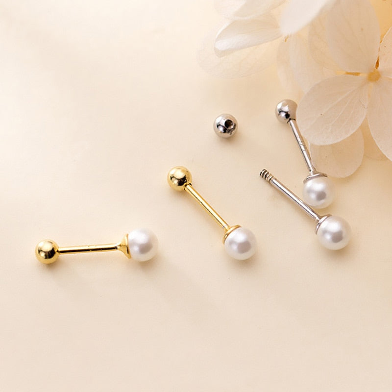 Sterling Silver Charm Min Pearl Beads Screw Stud Earrings