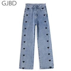 Women Jeans Heart Embroidery Streetwear High Waist Wide Leg