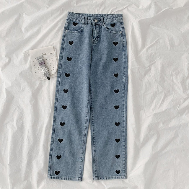 Women Jeans Heart Embroidery Streetwear High Waist Wide Leg