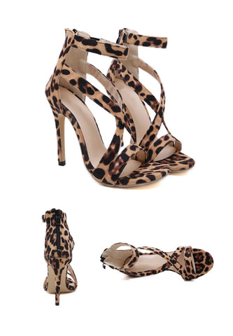 Fashion Leopard grain Open-toed Thin heels Sandals Elegant Buckle Strap Lady