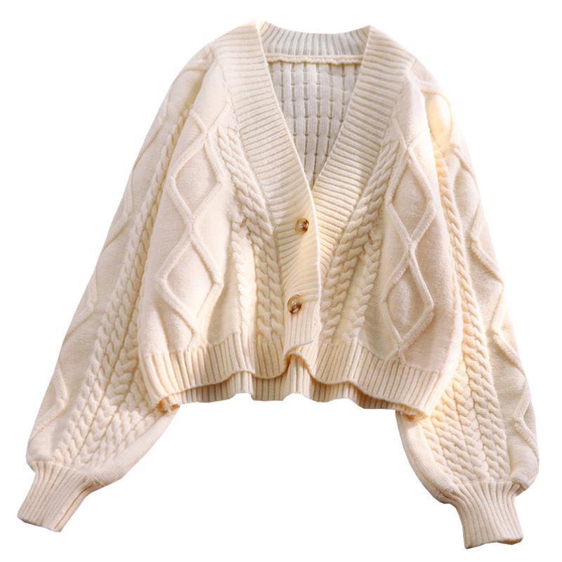 Lantern Sleeve Cardigan Knitted  Long Sleeve Solid Sweaters