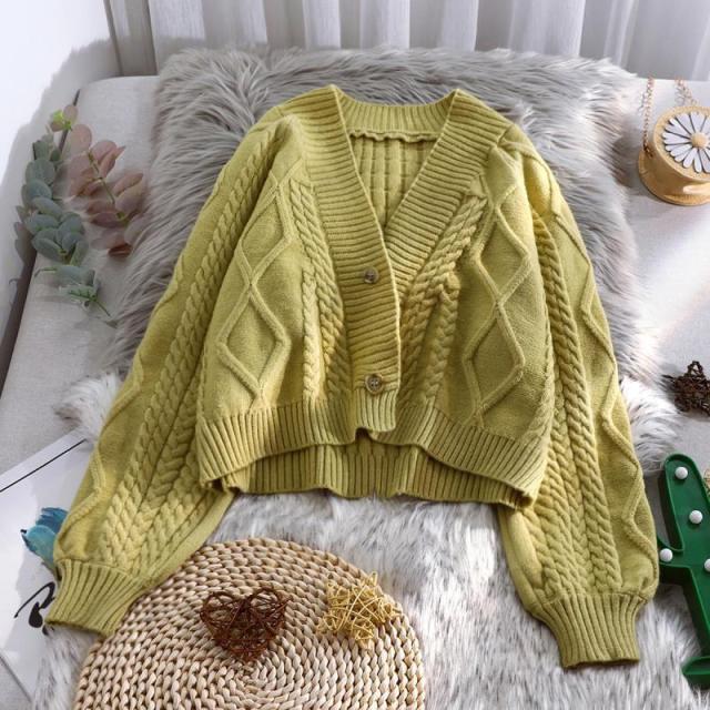 Lantern Sleeve Cardigan Knitted  Long Sleeve Solid Sweaters