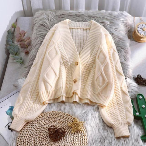 Lantern Sleeve Cardigan Knitted  Long Sleeve Solid Sweaters