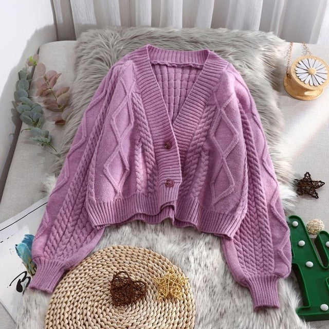 Lantern Sleeve Cardigan Knitted  Long Sleeve Solid Sweaters