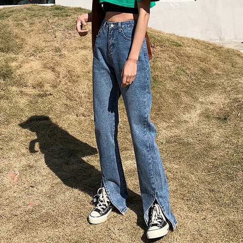 Flare Jeans Women Denim Pants High Waisted Slit Leg Vintage Streetwear