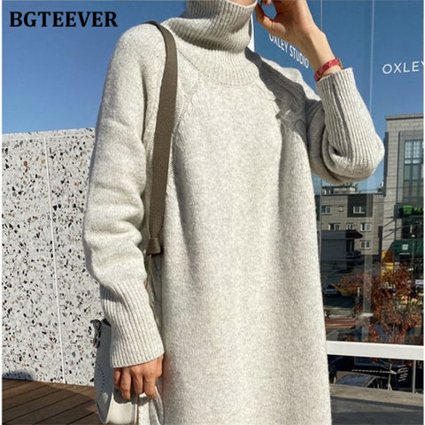 Turtleneck Full Sleeve Oversized Knit Dress  Vestidos Casual