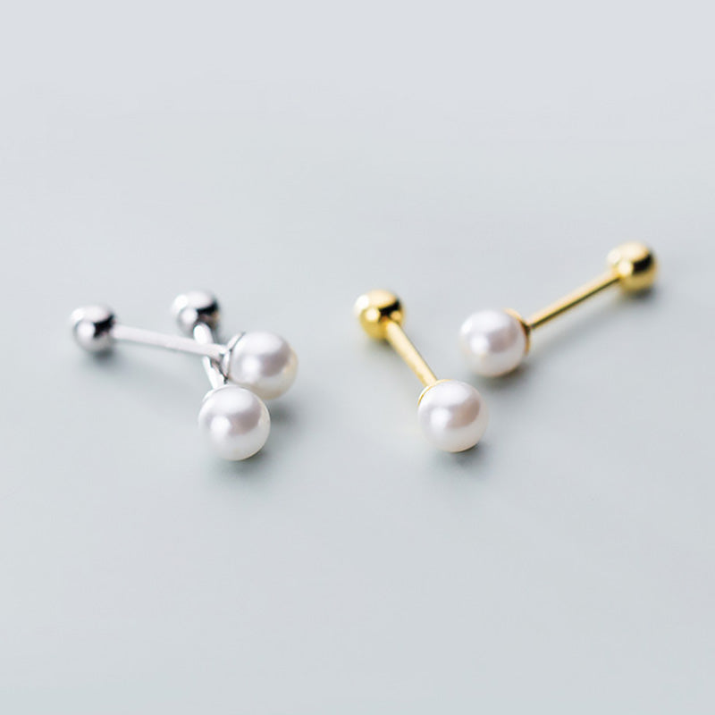 Sterling Silver Charm Min Pearl Beads Screw Stud Earrings