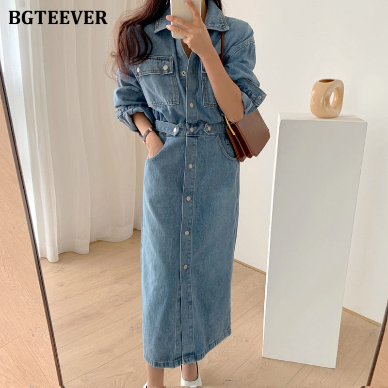 Vintage Single-breasted Denim Dress Pockets Slim Waist