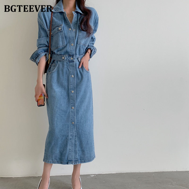 Vintage Single-breasted Denim Dress Pockets Slim Waist