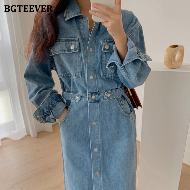 Vintage Single-breasted Denim Dress Pockets Slim Waist