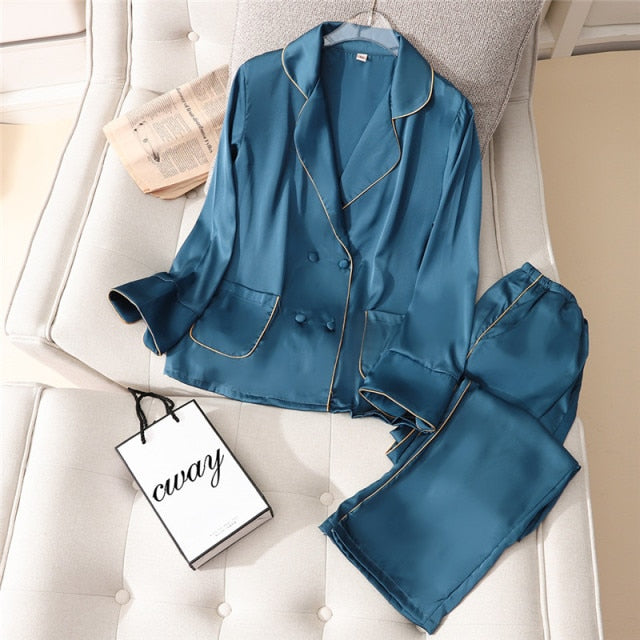 Faux Silk Pajamas Set Spring Summer Woman Pajamas Sleepwear