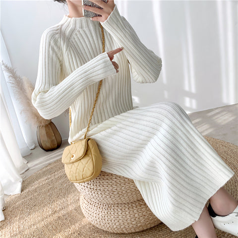 Turtleneck Sweater Dress Elegant Women Ribbed Casual Long Knitted