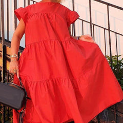 Solid Color O Neck Ruffled Short Sleeve Large Hem A Line Midi Dress vestidos