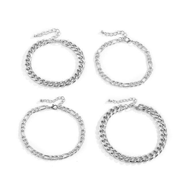 4Pcs/Set Kpop Miami Curb Aluminium Chain Anklets On Foot = Sandals Jewelry