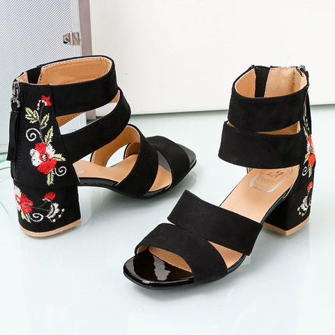 Ethnic Style Embroidered Mid-heel Sandals All-match Thick Heel Elegant Retro