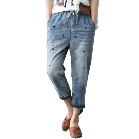 Washed Hole Loose All-match Calf-lenght Pants With Drawstring Retro
