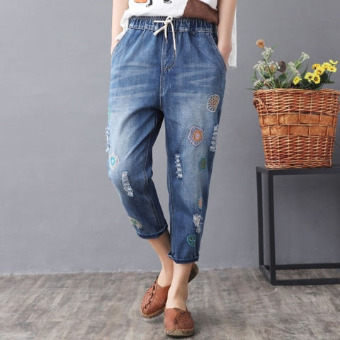 Washed Hole Loose All-match Calf-lenght Pants With Drawstring Retro