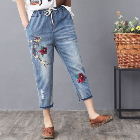 Washed Hole Loose All-match Calf-lenght Pants With Drawstring Retro