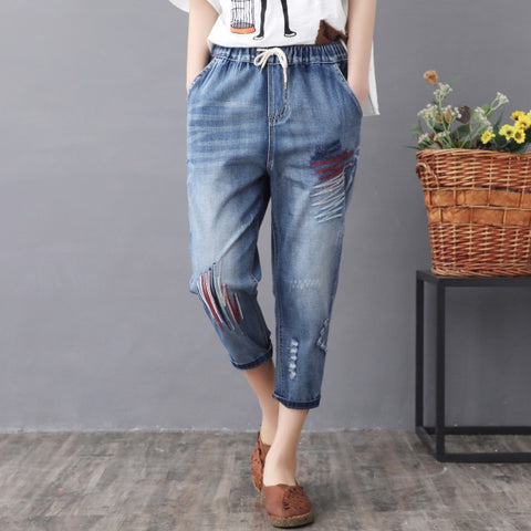 Washed Hole Loose All-match Calf-lenght Pants With Drawstring Retro
