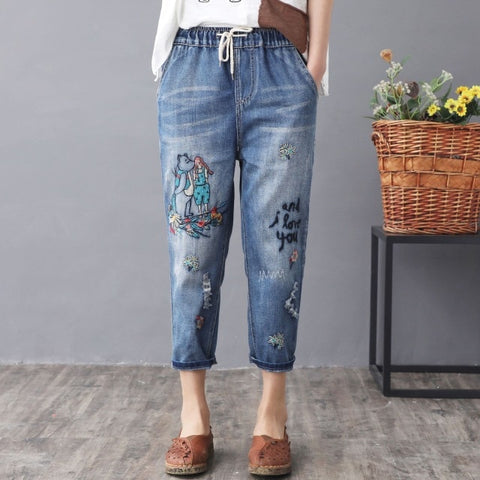 Washed Hole Loose All-match Calf-lenght Pants With Drawstring Retro