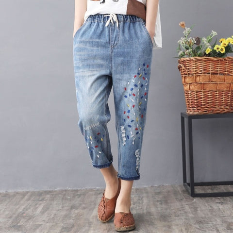 Washed Hole Loose All-match Calf-lenght Pants With Drawstring Retro