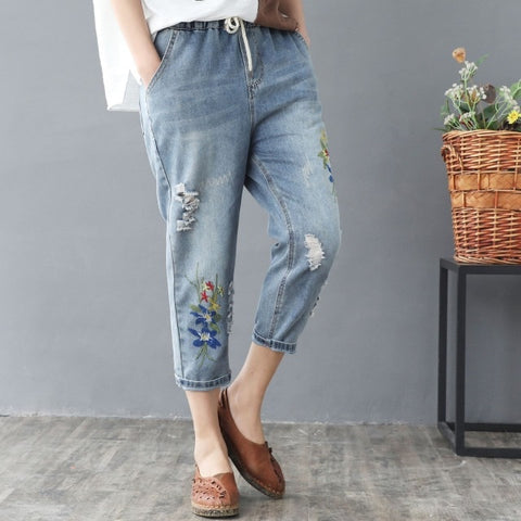 Washed Hole Loose All-match Calf-lenght Pants With Drawstring Retro