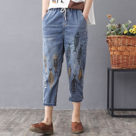 Washed Hole Loose All-match Calf-lenght Pants With Drawstring Retro