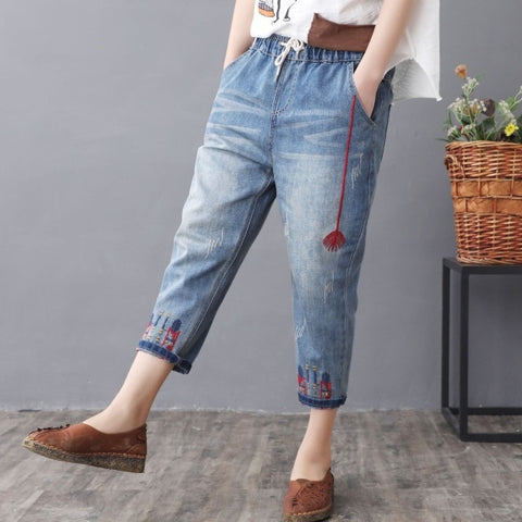 Washed Hole Loose All-match Calf-lenght Pants With Drawstring Retro