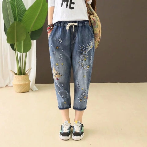 Washed Hole Loose All-match Calf-lenght Pants With Drawstring Retro