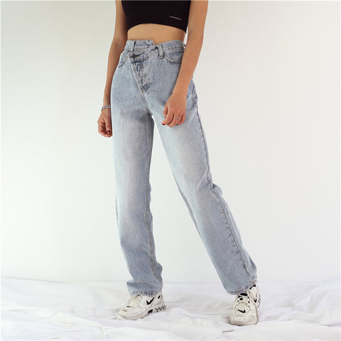 Straight Jeans for Women Irregular Clothes Plus Size Mom Button Denim