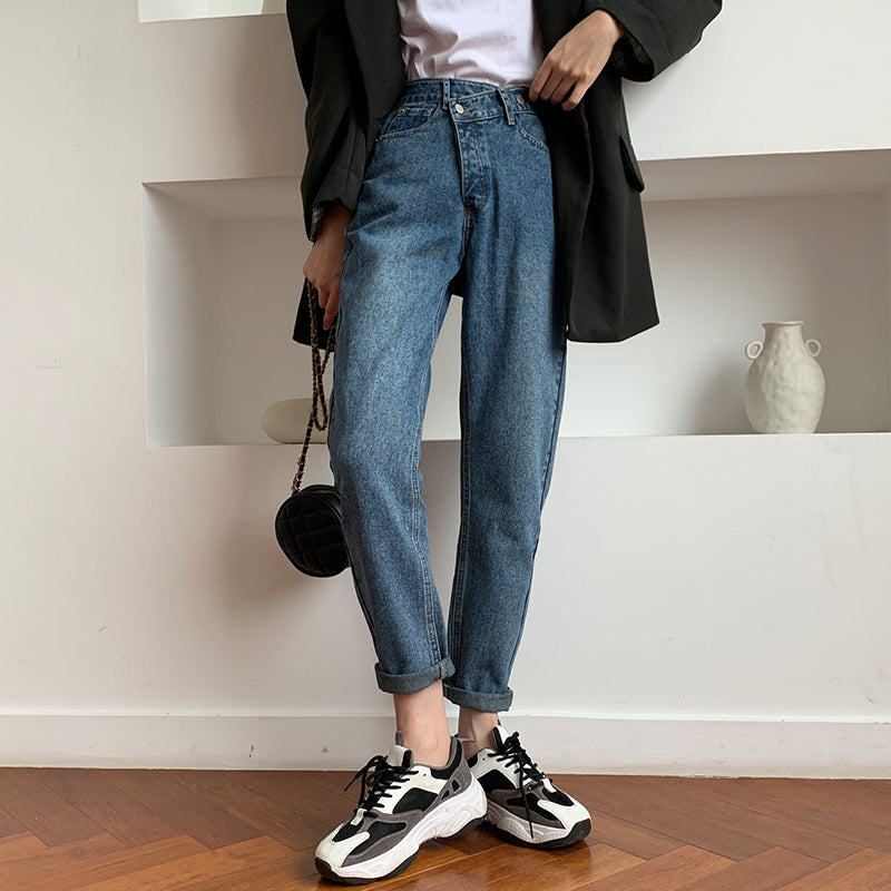 Blue Mom Jeans Women Korean Style Casual High Waist Irregular Denim