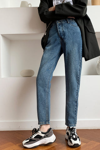 Blue Mom Jeans Women Korean Style Casual High Waist Irregular Denim
