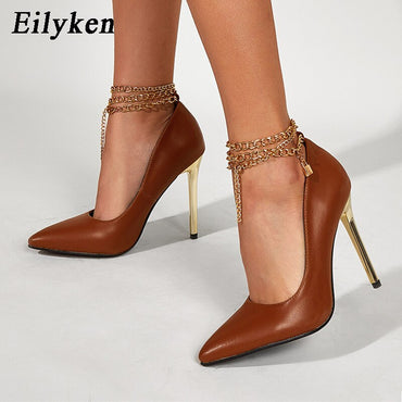 Pointed Toe Woman Pumps Fashion Metal Chain Design Ankle Buckle Strap High Heels