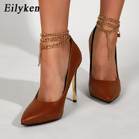 Pointed Toe Woman Pumps Fashion Metal Chain Design Ankle Buckle Strap High Heels
