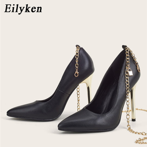 Pointed Toe Woman Pumps Fashion Metal Chain Design Ankle Buckle Strap High Heels