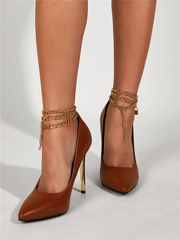 Pointed Toe Woman Pumps Fashion Metal Chain Design Ankle Buckle Strap High Heels