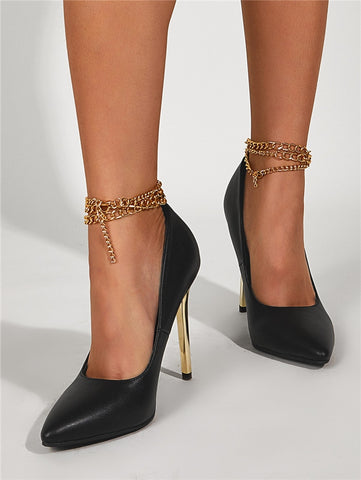 Pointed Toe Woman Pumps Fashion Metal Chain Design Ankle Buckle Strap High Heels