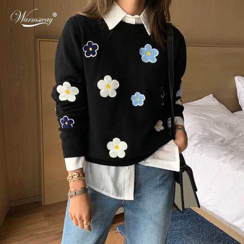 Floral Embroidery Pullover Sweater High Quality Women Elegant O Neck Knitted Tops