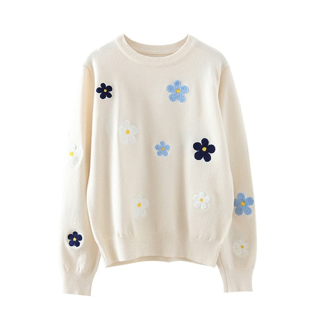 Floral Embroidery Pullover Sweater High Quality Women Elegant O Neck Knitted Tops
