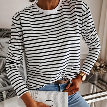 Stripes O Neck Casual Tops Long Sleeve Loose Pullover T-shirt