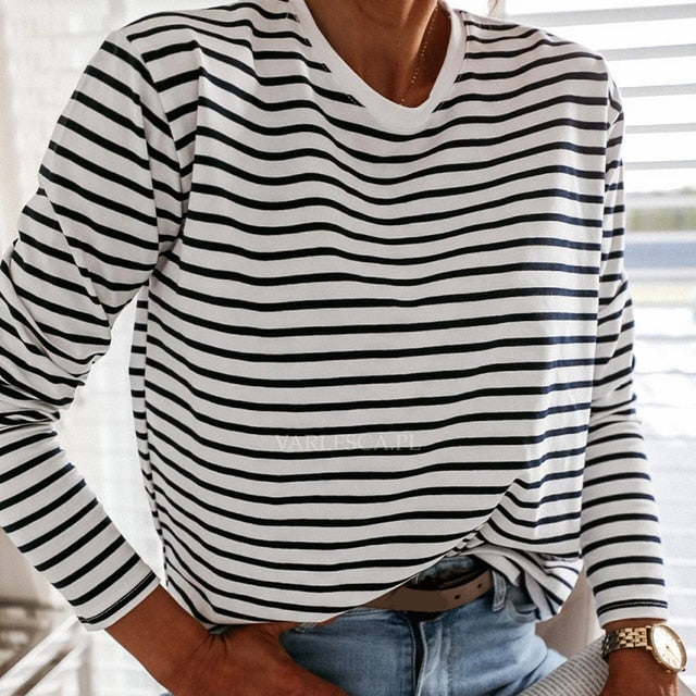 Stripes O Neck Casual Tops Long Sleeve Loose Pullover T-shirt