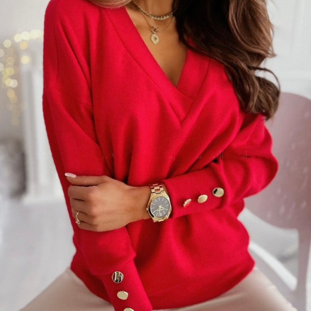 Long Sleeve Knitted Sweater Women V-neck Jumper Sweaters