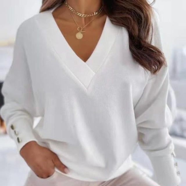 Long Sleeve Knitted Sweater Women V-neck Jumper Sweaters